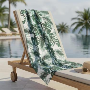 Imagem de Canga Toalha de Praia Folhagem Tropical Premium, Microfibra Aveludada, Branco com Estampa de Folhas Verdes, 160x80 cm, Dupla Função e Secagem Rápida