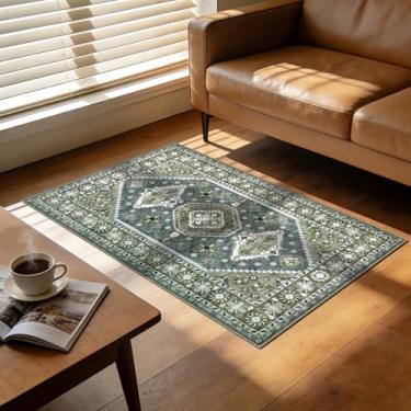 Imagem de Rofee Living Tapete de área Boho lavável, 5 x 7 cm, verde-escuro, azul, vintage, envelhecido, para sala de estar, quarto, resistente a manchas com tapete de borracha antiderrapante