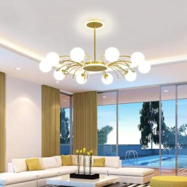 Imagem de Lustre moderno estilo Sputnik com 6 lâmpadas em formato de globo, acabamento em metal escovado e cúpula de vidro branco, ideal para sala de jantar, cozinha, ilha ou quarto.