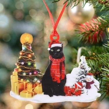 Imagem de Enfeites de Natal, enfeites de pendurar para 1 peça, árvore de Natal, boneco de neve, acrílico, gato, preto, presente, pingente, festa de fim de ano, decoração de casa