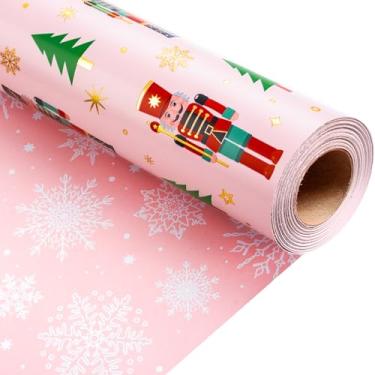 Imagem de Retrify Rolo de papel de embrulho de Natal Quebra-Nozes, 43 cm x 80 cm, papel de embrulho rosa para presente de ano novo, árvore de Natal/floco de neve/design de estrela