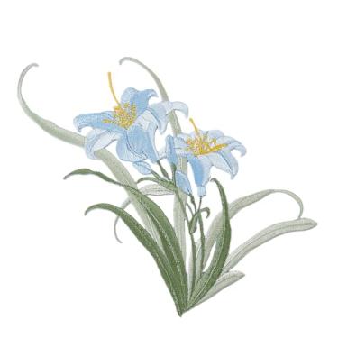 Imagem de letsinstyle Patches de orquídea bordados azuis costurados, aplique de flor de 14 x 14 cm, aplique decorativo de poliéster para bolsas, jaquetas, jeans, roupas, faça você mesmo