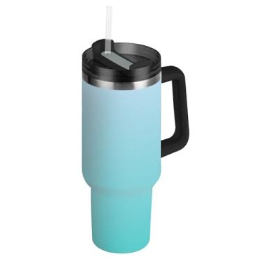 Imagem de Joisal Elegante copo azul médio turquesa gradiente com tampa e canudos garrafa de água isolada de aço inoxidável copo de 850 g com alça caneca de café quente feminina para carros