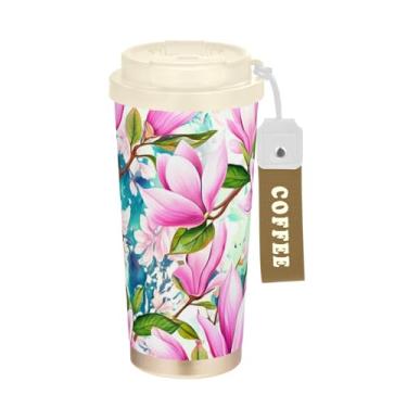 Imagem de TSENQUE Copo de café de 473 ml com canudo e tampa de enchimento, canecas de café de parede dupla isoladas a vácuo com revestimento cerâmico, flores e folhas rosa