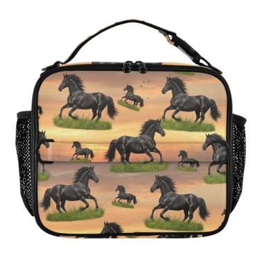 Imagem de Lancheira Black Horses Grass Sunset para mulheres, lancheira personalizada para meninas, crianças, homens, lancheira para trabalho, bolsa térmica para meninos
