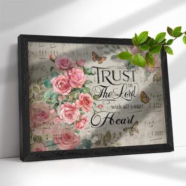 Imagem de Arte de parede cristã com capa acrílica - Impressão em tela emoldurada de 30 x 40 cm, versículo da Bíblia Trust in the Lord com rosa, decoração inspiradora para casa, presente para mulheres