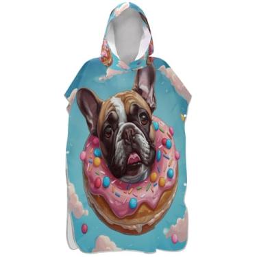 Imagem de Joisal Lindo buldogue de desenho animado donut surf poncho trocador adulto secagem rápida ponchos para mulheres praia banho com capuz toalhas com capuz