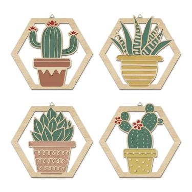 Imagem de HOURIA 4 peças de decoração de parede boho cacto (25,4 x 23 cm), arte de parede floral botânica tropical rústica, hexágono, planta suculenta, sudoeste, placa para pendurar em madeira, banheiro, sala