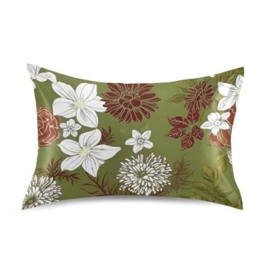 Imagem de Almofadas de cetim padrão flores florais verde-oliva king queen fronhas de cetim floral refrescante cama presentes de vida saudável tamanho king size 101,6 cm x 50,8 cm