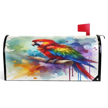 Imagem de TSENQUE Capas de caixa de correio magnéticas decorativas de vinil para caixas de correio de inverno decorações de caixa de correio para casa de fazenda ao ar livre papagaio colorido aquarela tamanho