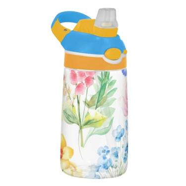 Imagem de Garrafa de água infantil Tritan de 473 ml, reutilizável, 473 ml, com canudo, copos de viagem portáteis à prova de vazamento para crianças, alça de transporte, flores silvestres em aquarela delicadas