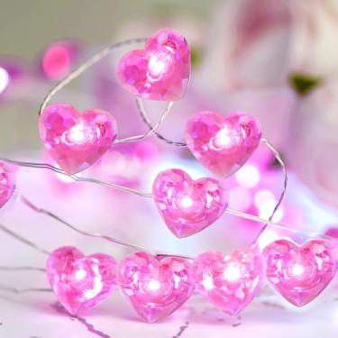 Imagem de Decorações de Dia dos Namorados 4 metros 40 LEDs rosa em forma de coração cintilante corda de fada luzes operadas por bateria para quarto de crianças, casamento, interior, exterior, festa, dia dos