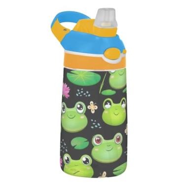 Imagem de Cute Frog Garrafa de água preta de folha de lótus infantil 473 ml Garrafa de água esportiva reutilizável com tampa de canudo Tritan 473 ml Copos de viagem portáteis para crianças à prova de vazamento