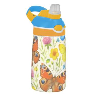 Imagem de Garrafa de água infantil aquarela borboletas silvestres com canudo 473 ml Tritan 473 ml Garrafa de água esportiva portátil reutilizável para crianças, à prova de vazamento, alça de transporte