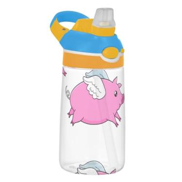 Imagem de Garrafa de água infantil Tritan de 473 ml, reutilizável, garrafa de água esportiva de 473 ml, com canudo à prova de vazamento, copo infantil portátil, alça de transporte, porcos rosa de desenho fofo