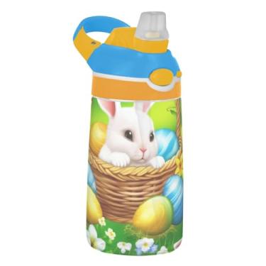 Imagem de Cute Rabbits Easter Eggs Garrafa de água verde infantil com canudo 473 ml Tritan 473 ml Garrafa de água esportiva à prova de vazamento, copo infantil reutilizável, portátil, alça de transporte