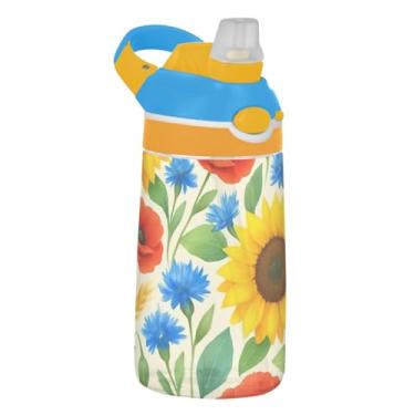 Imagem de Garrafa de água esportiva infantil floral vermelha bege para escola, garrafa de água Tritan de 473 ml com canudo, reutilizável à prova de vazamento, alça de transporte