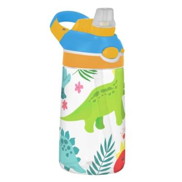 Imagem de Garrafa de água infantil de desenho animado com folhas tropicais com canudo 473 ml Tritan 473 ml Garrafa de água esportiva à prova de vazamento, copos de viagem para crianças, reutilizáveis, alça de