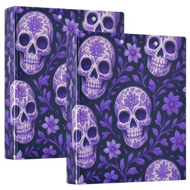 Imagem de Pastas roxas com caveiras de 3,8 cm, 3 anéis, 200 folhas, caderno, fichário redondo, 31,5 x 27 x 6 cm, pacote com 2