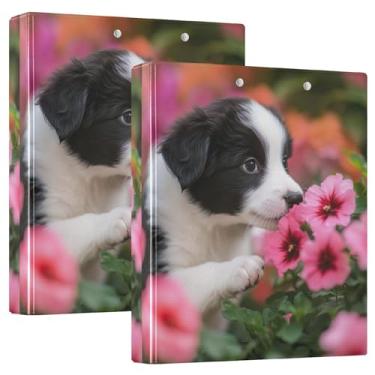 Imagem de Fichários de 3 anéis florais personalizados Border Collie Puppy com 3 anéis de 1,5 polegadas para 200 folhas, pastas de caderno, impressão de anel redondo, 31,5 x 27 x 6 cm, 1 pacote