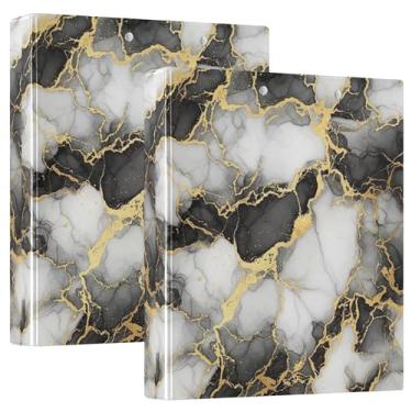 Imagem de Fichários de 3 anéis com texturas de mármore preto e branco dourado, 3 polegadas, comporta 200 folhas, pastas, cadernos portáteis, anel redondo, fichário resistente, 31,5 x 27 x 6 cm, pacote com 2