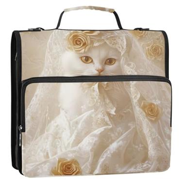 Imagem de Organizador de fichário de véu de noiva de gato branco real com 3 argolas de 3 cm D bolsa de fichário com alça para portfólio escolar e suporte de pasta de anel