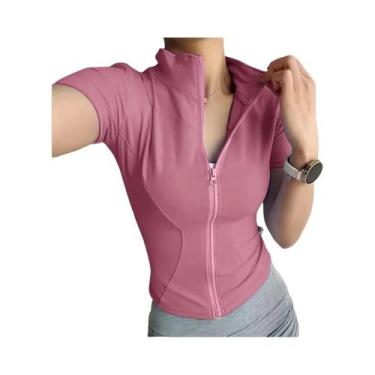 Imagem de Camisetas Femininas Slim Fit De Verão Para Yoga Com Gola Alta, Zíper E