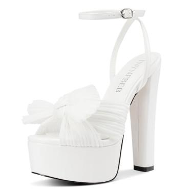 Imagem de TNYNFBEB Sandália feminina de salto plataforma alta com bloco grosso, bico aberto, tira no tornozelo, fivela de duas peças, laço e nó básico, clássico, salto de 14 cm, Branco, 39