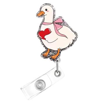 Imagem de Carretel de crachá de dia dos namorados, lindo crachá de acrílico de ganso para crachá de identificação, suporte retrátil telescópico, acessórios de clipe de jacaré com desenhos de laço de coração