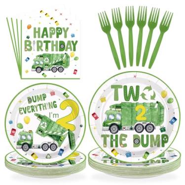Imagem de Greencian 96 peças de artigos de festa de 2º aniversário, pratos e guardanapos de caminhão de lixo verde, conjunto de utensílios de mesa para meninos de 2 anos, gerenciamento de resíduos, reciclagem