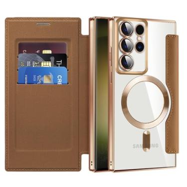 Imagem de MEMAXELUS Capa carteira para Samsung Galaxy S26 Ultra compatível com MagSafe, [bloqueio RFID] Capa magnética à prova de choque de couro PU flip premium com compartimentos para cartão transparente à