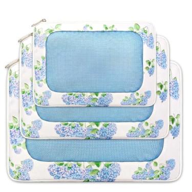 Imagem de Shinylin Pacote com 3 sacos de armazenamento de roupas de hortênsia, organizador de roupas de flores azuis com janela de malha para viagem, casa, roupa íntima, acessórios e organização