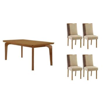 Imagem de Sala Jantar Mesa Londrina Tampo Curvo 120cm+4 Cadeiras Tilia Madeira Naturale - Capuccino/Linho Bege - Rufato