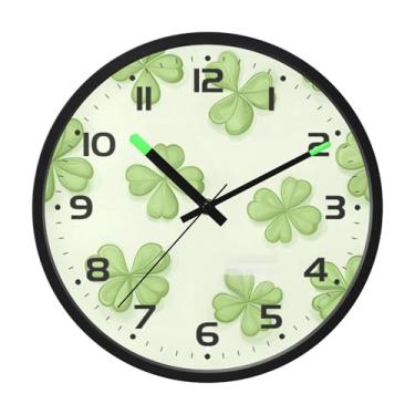 Imagem de SEHANY Relógio de parede Green Clover, silencioso, sem tique-taque, relógio redondo operado por bateria, controle de som, luz noturna, relógios de parede para sala de estar, cozinha, quarto