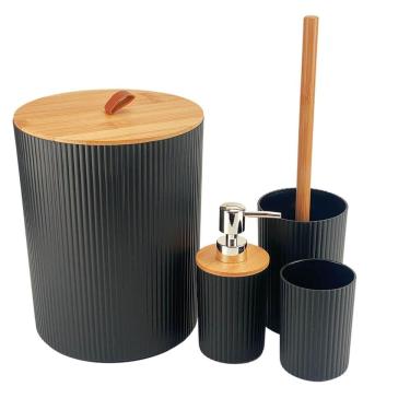 Imagem de Kit Lixeira De Banheiro Com Dispenser E Escova Bambu 4 Peças