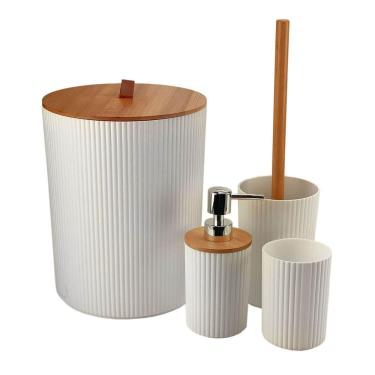 Imagem de Kit Lixeira De Banheiro Com Dispenser E Escova Bambu 4 Peças