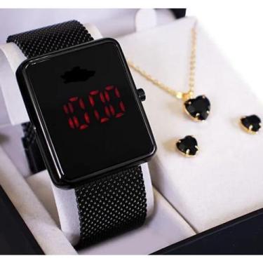 Imagem de Relógio Feminino Quadrado Led Luxo + Colar + Brinco Mega  Menor Preço 