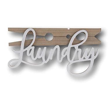 Imagem de Placa de lavanderia branca de madeira grande de 48 cm com prendedor de roupa