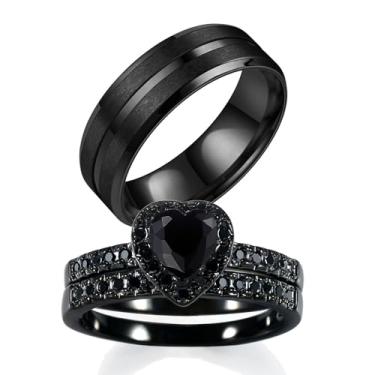Imagem de Ringskull Anéis de casal pretos combinando 1CT coração preto CZ conjunto de alianças de casamento para ele e seus homens aliança de casamento, women size9 & men size8, Metal, Zircônia cúbica