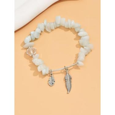 Imagem de Pulseira de pedra artificial estilo boêmio, pingente de pena de liga de seixo de cristal irregular, cura de cristal elástico elástico, acessório moderno ajustável para presente