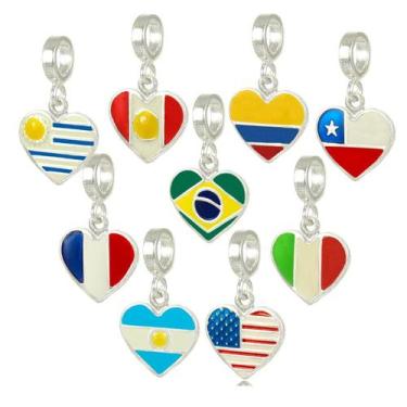 Imagem de Berloque Charms Bandeira Coração Paises Nações Prata 925 - Lojas La&Ny