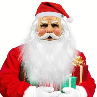 Imagem de GOBWCOT Máscara realista de Papai Noel, máscara realista de látex para vovô com chapéu de barba, cosplay de Natal (F)