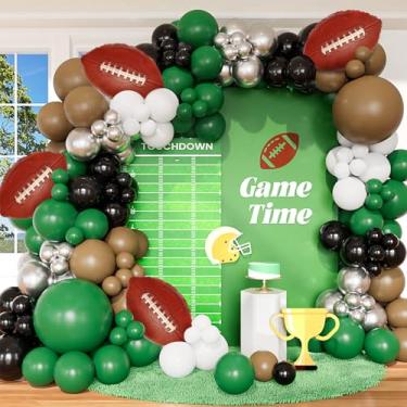 Imagem de CboDeco Kit de arco de balão de futebol, 141 peças de balões pretos e marrons verdes com balões de futebol para decorações de festa de aniversário, touchdown Rugby Super Bowl suprimentos de festa
