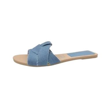 Imagem de Pantufas femininas planas de verão tecidas com confortáveis sapatos femininos casuais chinelos femininos chinelos de exterior (azul, pequeno)