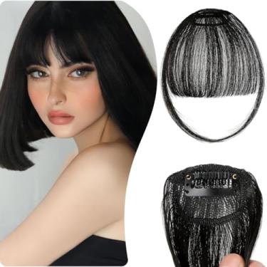 Imagem de Franja com prendedor de cabelo, franja fina de 5 g, apliques de cabelo para mulheres franja com têmporas extensões de cabelo grosso curvado natural peruca de cortina preta escura