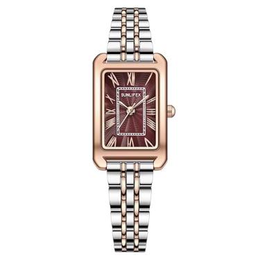 Imagem de HUNRUY Relógios femininos vintage com mostrador romano, caixa retangular, prata, à prova d'água, Prata e ouro rosa - vermelho, Luxuoso