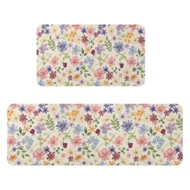 Imagem de Tapetes de cozinha florais para chão, conjunto de 2 tapetes coloridos de primavera, folhas de flores em aquarela, estampa de Páscoa, verão, sazonais, antiderrapantes, laváveis, absorventes, tapetes de