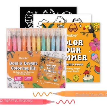Imagem de Grabie Canetas de gel acrílico de 12 cores e livro de colorir, canetas de gel coloridas de ponta média, caneta de tinta de gel acrílica cores sortidas para desenhar, anotações, kit de colorir ousado e