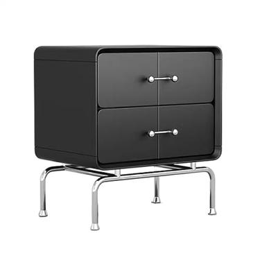 Imagem de Mesa de cabeceira moderna, preta, minimalista, pequena, para armazenamento doméstico, gaveta dupla, alça de aço inoxidável, móveis de cabeceira de grande capacidade, prático