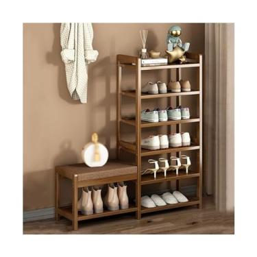 Imagem de Sapateira organizadora de sapatos com banco, banco de sapatos de bambu de entrada, rack organizador com prateleiras de armazenamento e almofada de assento para sapateira de corredor de entrada (cor